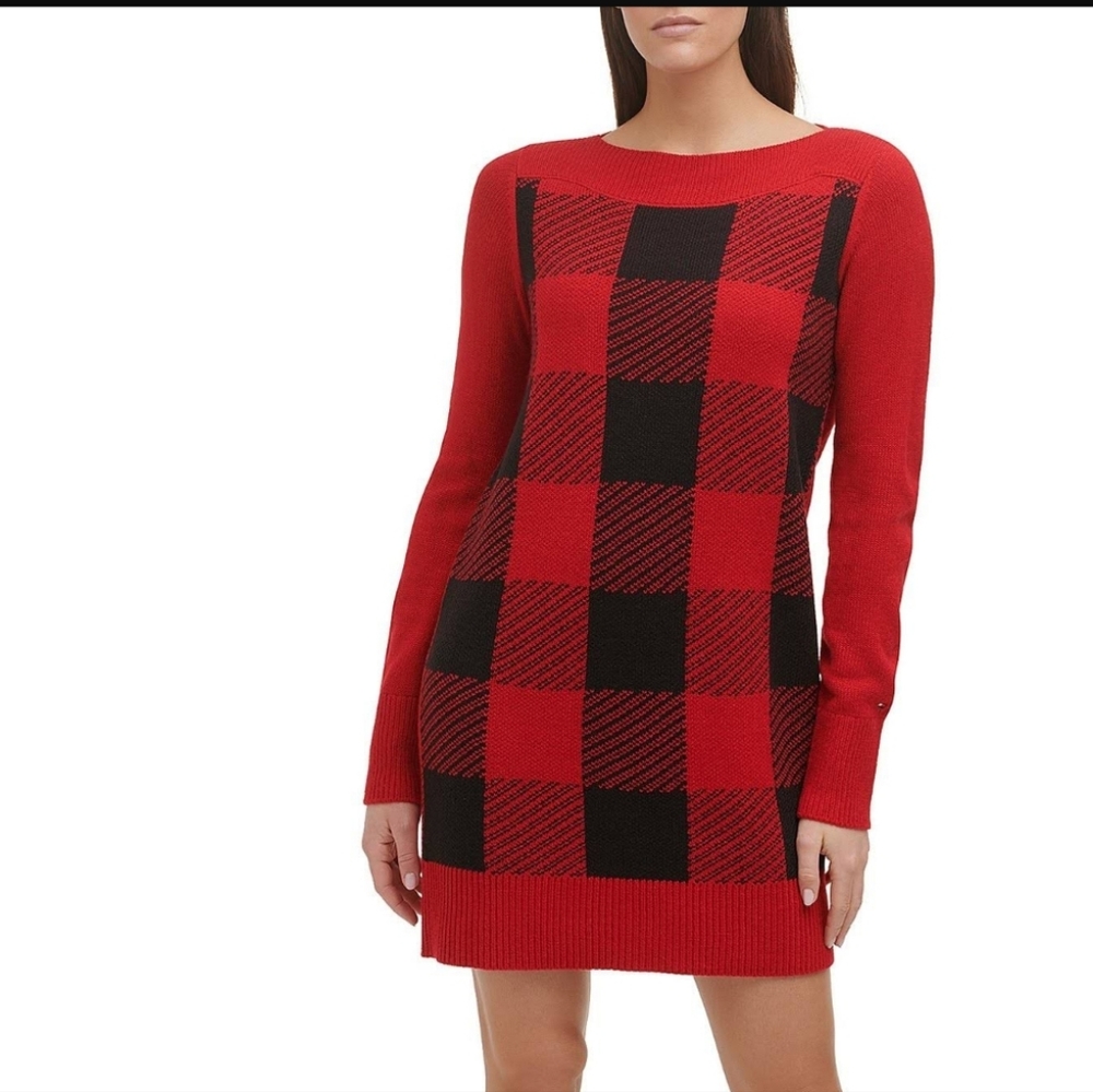 Tommy Hilfiger Long Sleeve Womens Buffalo Plaid Mini Knit Sweaterdress